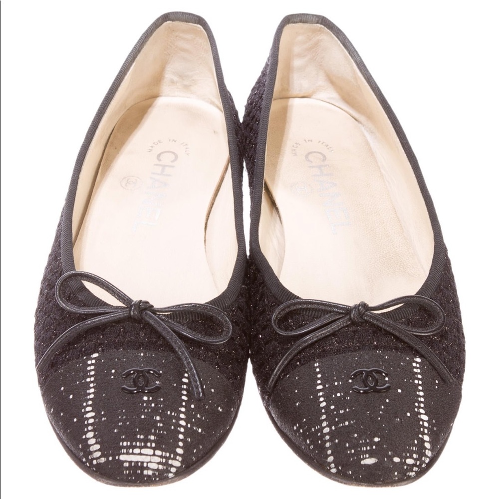 CHANEL Tweed Cap Toe Ballet Flats Ballerinas Black Gold 37